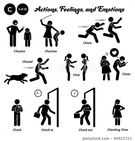 Stick figure human people man action, feelings, and emotions icons starting with alphabet C. Chasten, chastise, chase, chased, chat, cheat, check in out, and checking time. 94923723