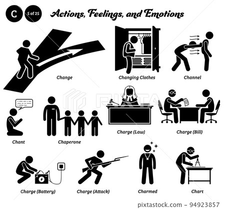 Stick figure human people man action, feelings, and emotions icons starting with alphabet C. Change, changing clothes, channel energy, chant, chaperone, charge law, bill, battery, attack, charting map 94923857