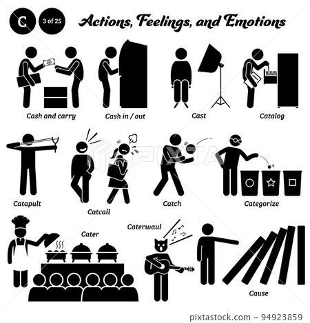Stick figure human people man action, feelings, and emotions icons starting with alphabet C. Cash and carry, cash in out, casting, catalog, catapult, catcall, catch ball, categorize, food catering. 94923859