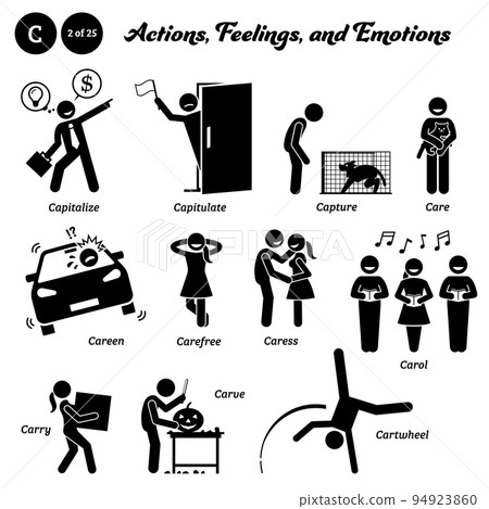 Stick figure human people man action, feelings, and emotions icons starting with alphabet C. Capitalize, capitulate, capture, care, careen, carefree, caress, carol, carry, carve, and cartwheel. 94923860
