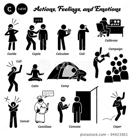Stick figure human people man action, feelings, and emotions icons starting with alphabet C. Cackle, cajole, calculate, call, calibrate, campaign, calm, camp, cancel, cantillate, canvass, and caper. 94923861