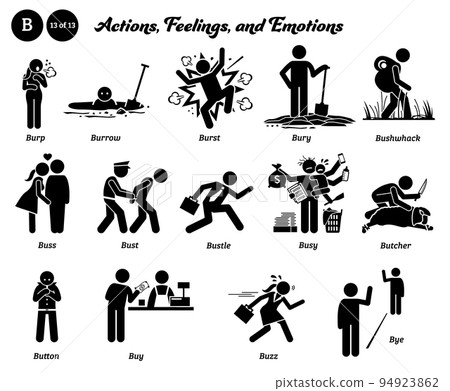Stick figure human people man action, feelings, and emotions icons starting with alphabet B. Burp, burrow, burst, bury, bushwhack, buss, bust, bustle, busy, butcher, button, buy, buzz, and bye. Stick figure human people man action, feelings, and emotions icons starting with alphabet B. Burp, burrow, burst, bury, bushwhack, buss, bust, bustle, busy, butcher, button, buy, buzz, and bye. 94923862