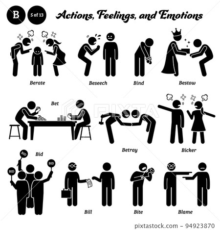 Stick figure human people man action, feelings, and emotions icons starting with alphabet B. Berate, beseech, bind, bestow, bet, betray, bicker, bid, bill, bite, and blame. Stick figure human people man action, feelings, and emotions icons starting with alphabet B. Berate, beseech, bind, bestow, bet, betray, bicker, bid, bill, bite, and blame. 94923870