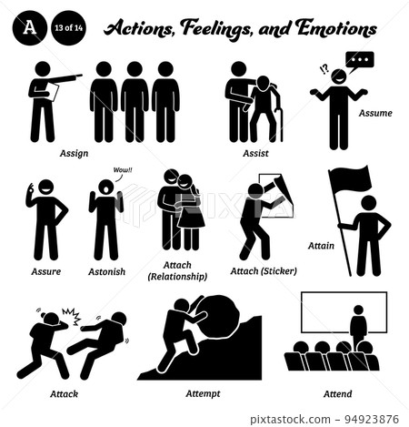 Stick figure human people man action, feelings, and emotions icons starting with alphabet A. Assign, assist, assume, assure, astonish, attach relationship, attain, attack, attempt, and attend. 94923876