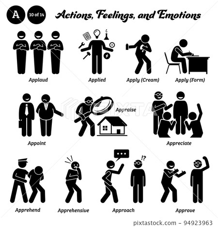 Stick figure human people man action, feelings, and emotions icons starting with alphabet A. Applaud, applied, apply cream, application form, appoint, appraise,   appreciate, apprehend, approve. 94923963