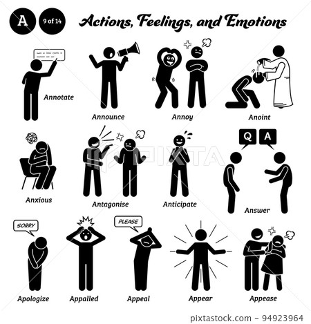 Stick figure human people man action, feelings, and emotions icons starting with alphabet A. Announce, annoy, anoint, anxious, antagonise, anticipate, answer, apologize, appeal, appear, and, appease. 94923964