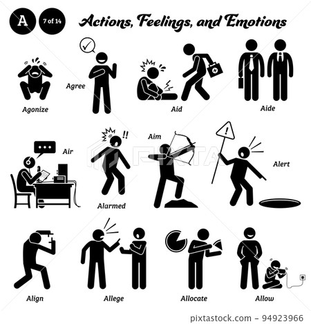 Stick figure human people man action, feelings, and emotions icons starting with alphabet A. Agonize, agree, aid, aide, air, alarmed, aim, alert, align, allege, allocate, and allow. 94923966