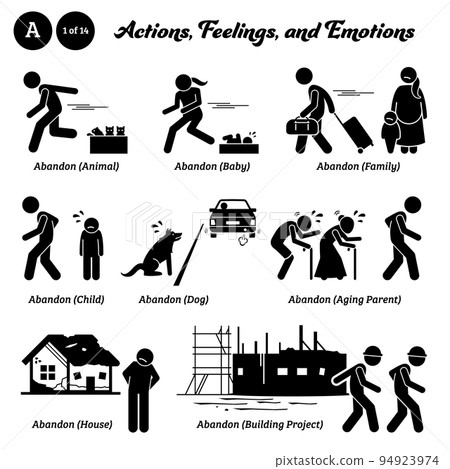 Stick figure human people man action, feelings, and emotions icons starting with alphabet A. Abandon and abandoned animal pet dog cat, baby child, family, aging parent, house and building project.  94923974