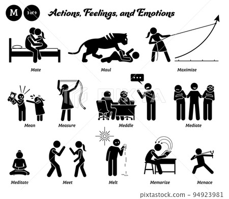 Stick figure human people man action, feelings, and emotions icons alphabet M. Mate, maul, maximize, mean, measure, meddle, mediate, meditate, meet, melt, memorize, and menace. 94923981