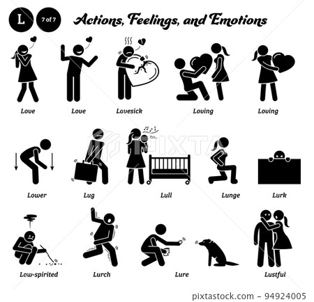 Stick figure human people man action, feelings, and emotions icons alphabet L. Love, lovesick, loving, lower, lug, lull, lunge, lurk, low-spirited, lurch, lure, and lustful. Stick figure human people man action, feelings, and emotions icons alphabet L. Love, lovesick, loving, lower, lug, lull, lunge, lurk, low-spirited, lurch, lure, and lustful. 94924005
