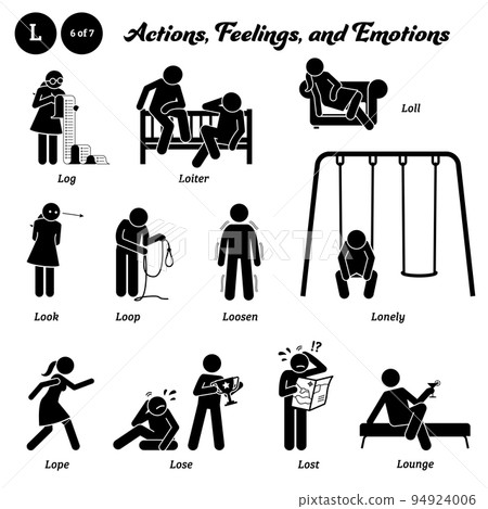 Stick figure human people man action, feelings, and emotions icons alphabet L. Log, loiter, loll, look, loop, loosen, lonely, lope, lose, lost, and lounge. Stick figure human people man action, feelings, and emotions icons alphabet L. Log, loiter, loll, look, loop, loosen, lonely, lope, lose, lost, and lounge. 94924006