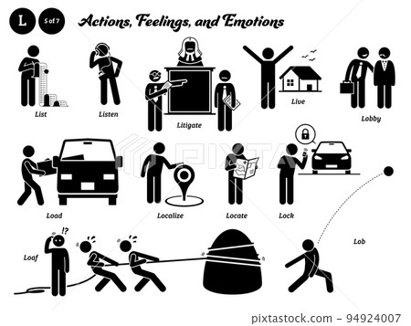 Stick figure human people man action, feelings, and emotions icons alphabet L. List, listen, litigate, live, lobby, load, localize, locate, lock, loaf, and lob. 94924007