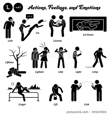Stick figure human people man action, feelings, and emotions icons alphabet L. Lick, lie, license, lie down, lifeless, lighten, like, light, limp, linger, lift, and link. 94924008