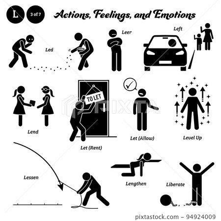 Stick figure human people man action, feelings, and emotions icons alphabet L. Led, leer, left, lend, let, rent, allow, level up, lessen, lengthen, and liberate. 94924009