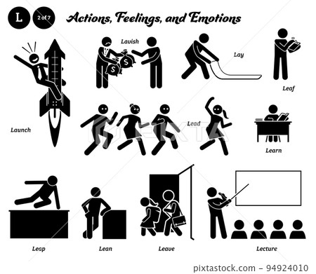 Stick figure human people man action, feelings, and emotions icons alphabet L. Launch, lavish, lay, leaf, lead, learn, leap, lean, leave, and lecture. 94924010