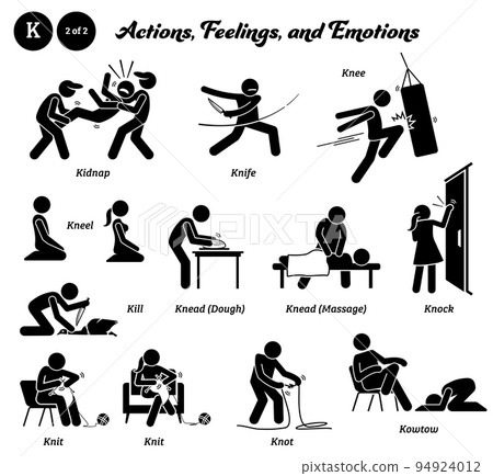 Stick figure human people man action, feelings, and emotions icons alphabet K. Kidnap, knife, knee, kneel, kill, knead, knock, knit, knot, and kowtow.  94924012