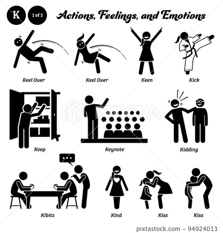 Stick figure human people man action, feelings, and emotions icons alphabet K. Keel over, keen, kick, keep, keynote, kidding, kibitz, kind, and kiss.  94924013