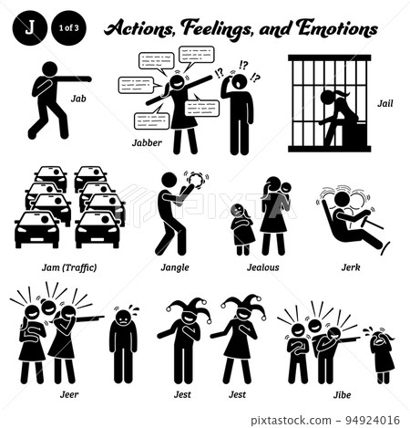 Stick figure human people man action, feelings, and emotions icons alphabet J. Jab, jabber, jail, traffic jam, jangle, jealous, jerk, jeer, jest, and jibe. 94924016