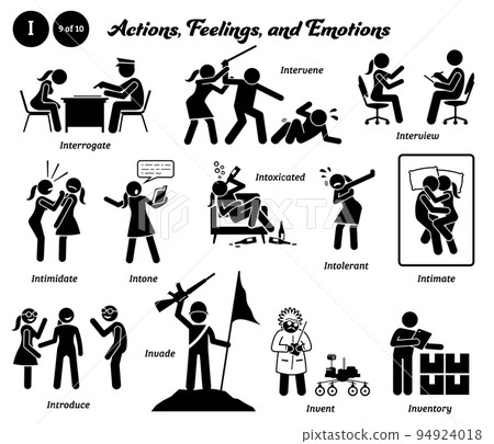 Stick figure human people man action and feelings icons alphabet I. Interrogate, intervene, interview, intimidate, intone, intoxicated, intolerant, intimate, introduce, invade, invent, and inventory. 94924018