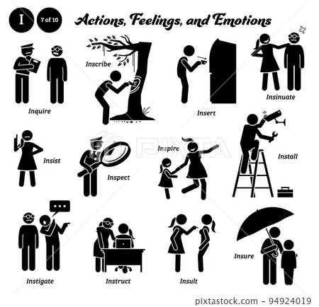 Stick figure human people man action, feelings, and emotions icons alphabet I. Inquire, inscribe, insert, insinuate, insist, inspect, inspire, install, instigate, instruct, insult, and insure. 94924019