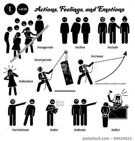 Stick figure human people man action, feelings, and emotions icons alphabet I. Inaugurate, incline, include, indecisive, incorporate, increase, incriminate, index, indicate, and indict.  94924022