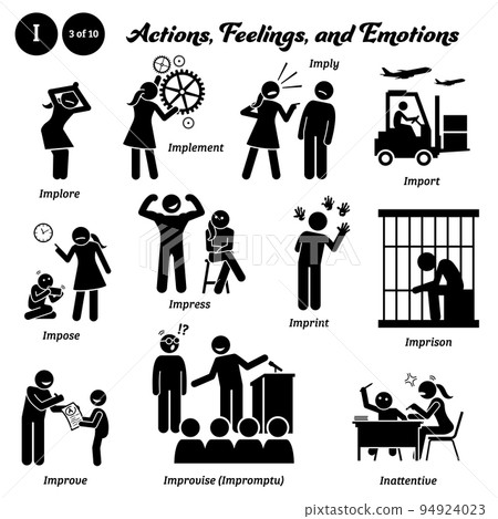 Stick figure human people man action, feelings, and emotions icons alphabet I. Implore, implement, imply, import, impose, impress, imprint, imprison, improve, improvise, impromptu, and inattentive. Stick figure human people man action, feelings, and emotions icons alphabet I. Implore, implement, imply, import, impose, impress, imprint, imprison, improve, improvise, impromptu, and inattentive. 94924023