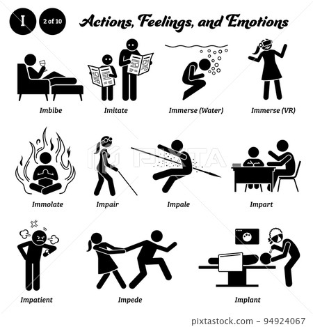 Stick figure human people man action, feelings, and emotions icons alphabet I. Imbibe, imitate, immerse water, immerse VR, immolate, impair, impale, impart, impatient, impede, and implant. Stick figure human people man action, feelings, and emotions icons alphabet I. Imbibe, imitate, immerse water, immerse VR, immolate, impair, impale, impart, impatient, impede, and implant. 94924067