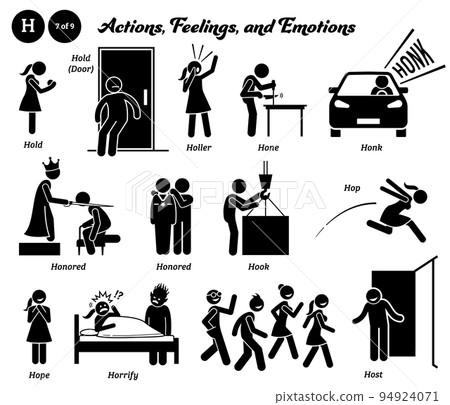 Stick figure human people man action, feelings, and emotions icons alphabet H. Hold, door, holler, hone, honk, honored, hook, hop, hope, horrify, and host. 94924071