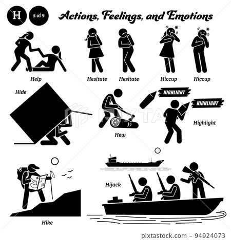 Stick figure human people man action, feelings, and emotions icons alphabet H. Help, hesitate, hiccup, hide, hew, highlight, hike, and hijack. Stick figure human people man action, feelings, and emotions icons alphabet H. Help, hesitate, hiccup, hide, hew, highlight, hike, and hijack. 94924073