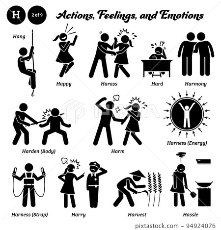 Stick figure human people man action, feelings, and emotions icons alphabet H. Hang, happy, harass, hard, harmony, harden body, harm, harness energy, harness strap, harry, harvest, and hassle. Stick figure human people man action, feelings, and emotions icons alphabet H. Hang, happy, harass, hard, harmony, harden body, harm, harness energy, harness strap, harry, harvest, and hassle. 94924076