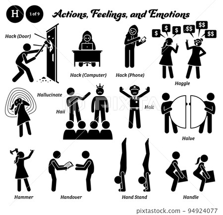 Stick figure human people man action, feelings, and emotions icons alphabet H. Hack door computer phone, haggle, hallucinate, hail, halt, halve, hammer, handover, handstand, and handle. Stick figure human people man action, feelings, and emotions icons alphabet H. Hack door computer phone, haggle, hallucinate, hail, halt, halve, hammer, handover, handstand, and handle. 94924077