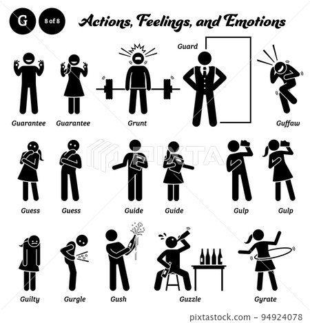 Stick figure human people man action, feelings, and emotions icons alphabet G. Guarantee, grunt, guard, guffaw, guess, guide, gulp, guilty, gurgle, gush, guzzle, and gyrate. Stick figure human people man action, feelings, and emotions icons alphabet G. Guarantee, grunt, guard, guffaw, guess, guide, gulp, guilty, gurgle, gush, guzzle, and gyrate. 94924078