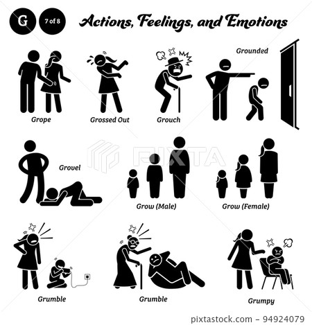 Stick figure human people man action, feelings, and emotions icons alphabet G. Grope, grossed out, grouch, grounded, grovel, grow, grumble, and grumpy. Stick figure human people man action, feelings, and emotions icons alphabet G. Grope, grossed out, grouch, grounded, grovel, grow, grumble, and grumpy. 94924079