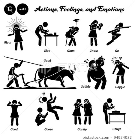 Stick figure human people man action, feelings, and emotions icons alphabet G. Glow, glue, glum, gnaw, go, goad, gobble, goggle, good, goose, gossip, and gouge. Stick figure human people man action, feelings, and emotions icons alphabet G. Glow, glue, glum, gnaw, go, goad, gobble, goggle, good, goose, gossip, and gouge. 94924082