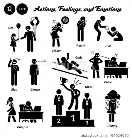 Stick figure human people man action, feelings, and emotions icons alphabet G. Get, gibber, giggle, give, glad, glance, glide, glare, glimpse, gloat, and gloomy. Stick figure human people man action, feelings, and emotions icons alphabet G. Get, gibber, giggle, give, glad, glance, glide, glare, glimpse, gloat, and gloomy. 94924083