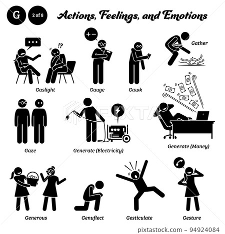 Stick figure human people man action, feelings, and emotions icons alphabet G. Gaslight, gauge, gawk, gather, gaze, generate electricity, generate money, generous, genuflect, gesticulate, and gesture. 94924084