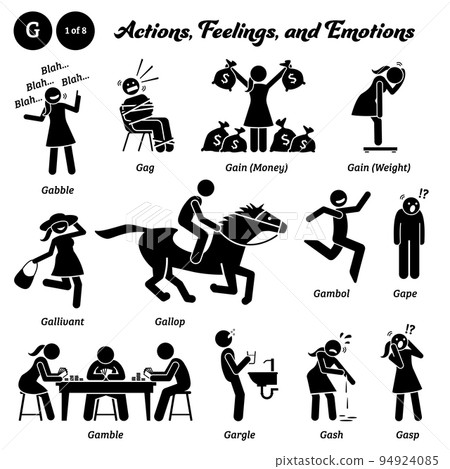 Stick figure human people man action, feelings, and emotions icons alphabet G. Gabble, gag, gain money, gain weight, gallivant, gallop, gambol, gape, gamble, gargle, gash, and gasp. 94924085