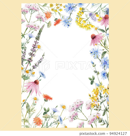 Beautiful vector floral frame with watercolor hand drawn summer wild field flowers. Stock illustration. Clip art. 94924127
