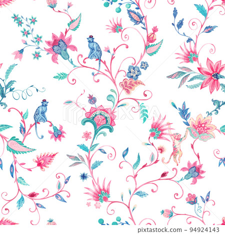 Beautiful vector seamless floral pattern with hand drawn watercolor abstract flowers in old traditional style with monkey. Stock illustration. 94924143