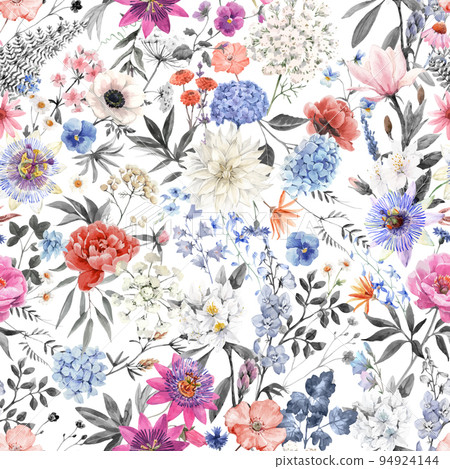 Beautiful vector seamless floral pattern with watercolor gentle flowers in cold autumn fall colors. Stock illustration. Beautiful vector seamless floral pattern with watercolor gentle flowers in cold autumn fall colors. Stock illustration. 94924144