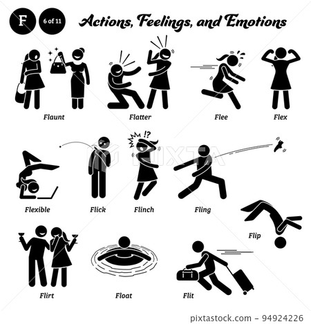 Stick figure human people man action, feelings, and emotions icons alphabet F. Flaunt, flatter, flee, flex, flexible, flick, flinch, fling, flirt, float, flit, and flip.  94924226
