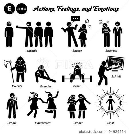 Stick figure human people man action, feelings, and emotions icons alphabet E. Exclude, excuse, execrate, execute, exert, exhibit, exhale, exhilarated, exhort, and exist.  94924234
