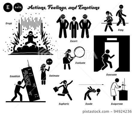 Stick figure human people man action, feelings, and emotions icons alphabet E. Erupt, escort, espy, evaluate, establish, estimate, euphoric, evade, and evaporate. 94924236