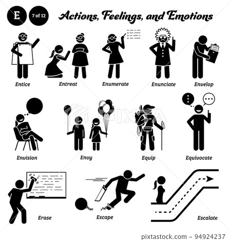 Stick figure human people man action, feelings, and emotions icons alphabet E. Entice, entreat, enumerate, enunciate, envelop, envision, envy, equip, equivocate, erase, escape, and escalate.  94924237