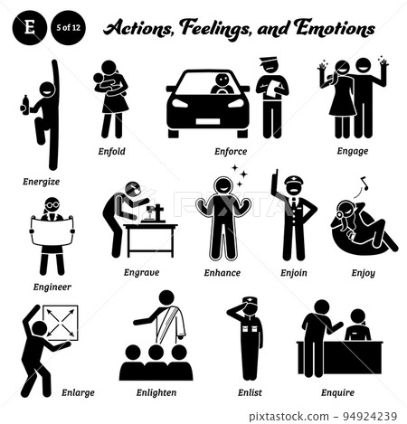 Stick figure human people man action, feelings, and emotions icons alphabet E. Energize, enfold, enforce, engage, engineer, engrave, enhance, enjoin, enjoy, enlarge, enlighten, enlist, and enquire. Stick figure human people man action, feelings, and emotions icons alphabet E. Energize, enfold, enforce, engage, engineer, engrave, enhance, enjoin, enjoy, enlarge, enlighten, enlist, and enquire. 94924239
