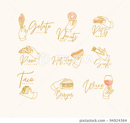 Renaissance hands with food labels and lettering beige 94924364