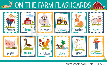 Flashcards with cartoon farm animals and barn, tractor, farmer 94924722