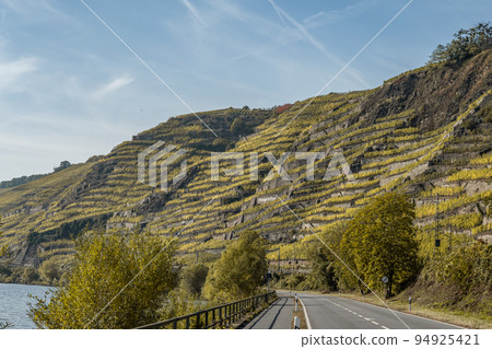 Famous German Wine Region Moselle River Lay and Guels village Autumn Fall colors Famous German Wine Region Moselle River Lay and Guels village Autumn Fall colors 94925421