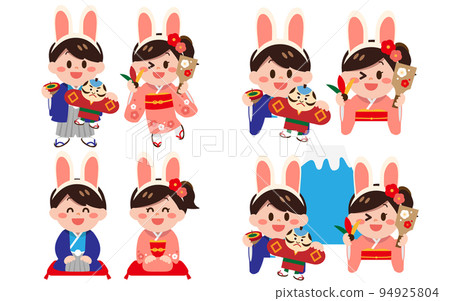 Children's set wearing a kimono to spend New Year's and wearing a rabbit headband Children's set wearing a kimono to spend New Year's and wearing a rabbit headband 94925804