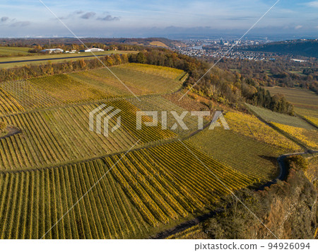 Aerial view Famous German Wine Region Moselle River Lay and Guels village Autumn Fall colors Aerial view Famous German Wine Region Moselle River Lay and Guels village Autumn Fall colors 94926094